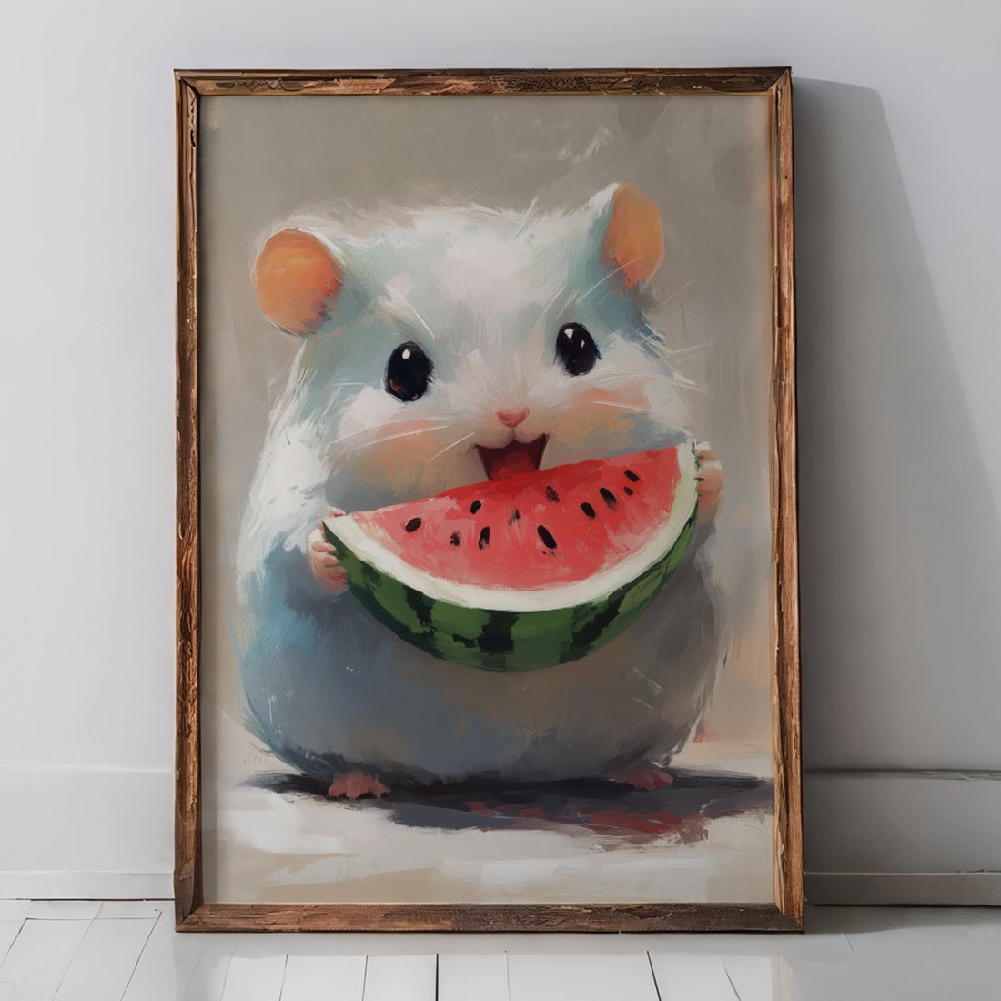 Whimsical Watermelon Feast: Cute Hamster Oil Painting Canvas Print. High Resolution Digital Download 300 DPI.