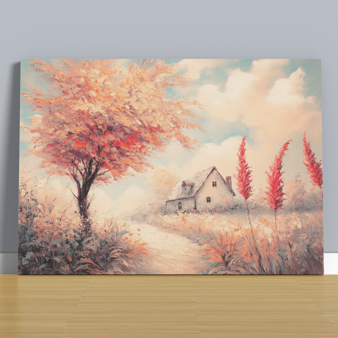 Autumnal Serenity: Vintage Oil Painting of Cottage Nestled in Fall Foliage. High Resolution Digital Download 300 DPI