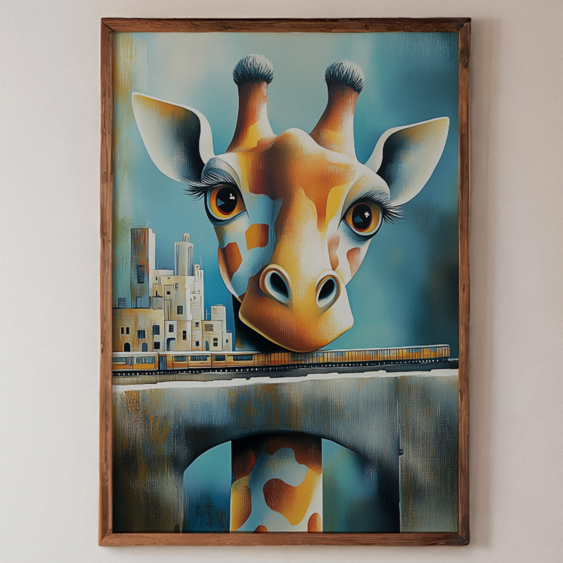Surreal Robo-Giraffe Cityscape: Cubist Watercolor Greek-Inspired Wall Art. High Resolution Digital Download 300 DPI.