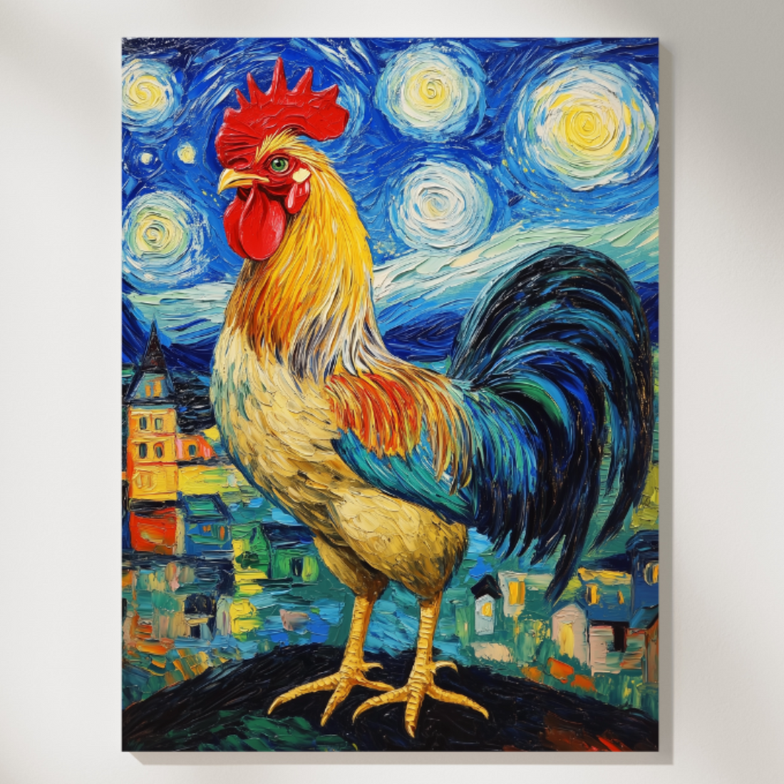 Starry Night Rooster Oil Painting - French Village Wall Art. High Resolution Digital Download 300 DPI.