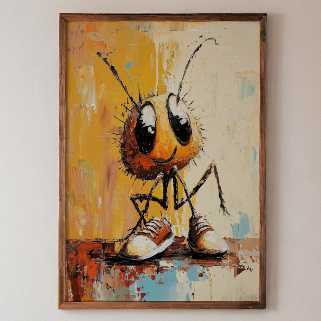 Tiny Dreamer's Big Step: Whimsical Oil Painting of Ant's Oversized Shoe Adventure. High Resolution Digital Download 300 DPI.