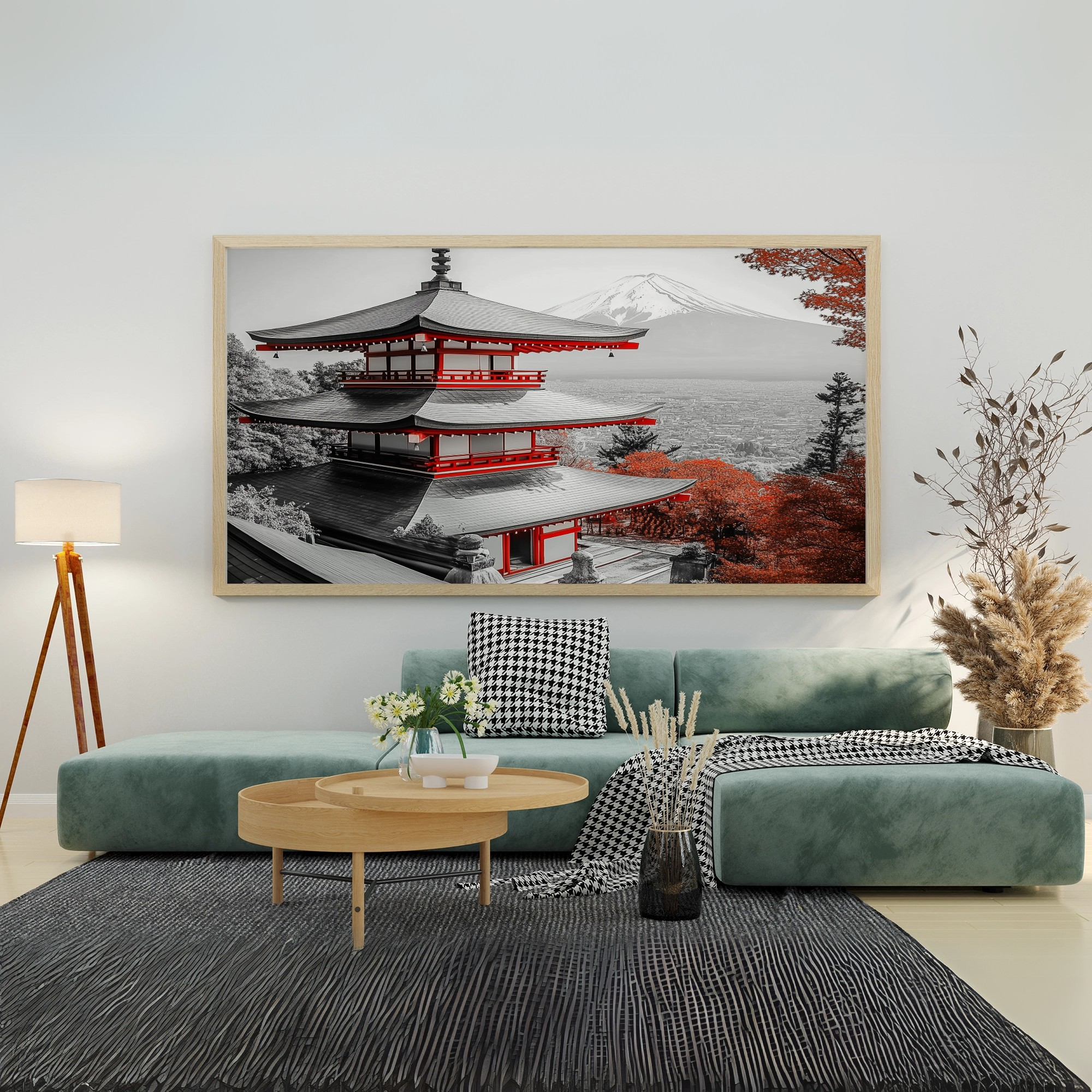 Zen Autumn Serenity: Japanese Temple in Misty Maple Forest Art Print. High Resolution Digital Download 300 DPI.