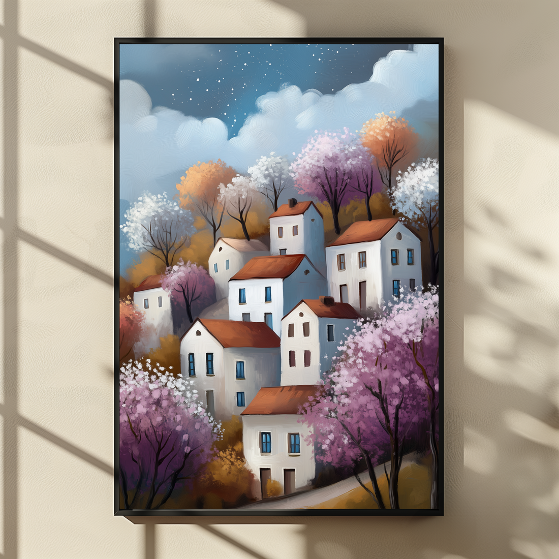 Charming Spring Village Cottages Wall Art Starry Night Landscape. High Resolution Digital Download 300 DPI.