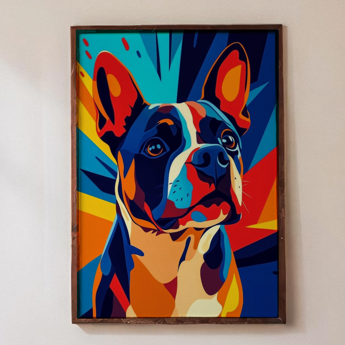Geometric Canine Charm: Vibrant Abstract Dog Portrait Wall Art. High Resolution Digital Download 300 DPI.