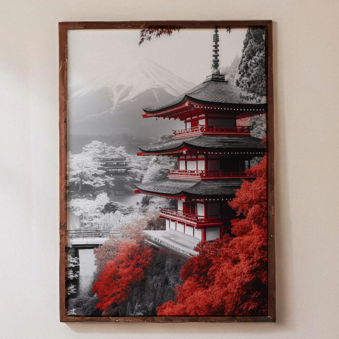 Tranquil Japanese Pagoda: Misty Mountain Landscape Art Print. High Resolution Digital Download 300 DPI.
