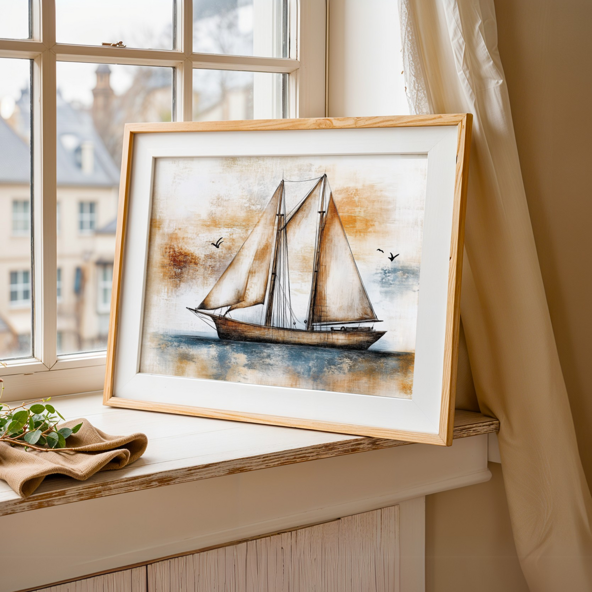 Sailing ship print on a white shelf