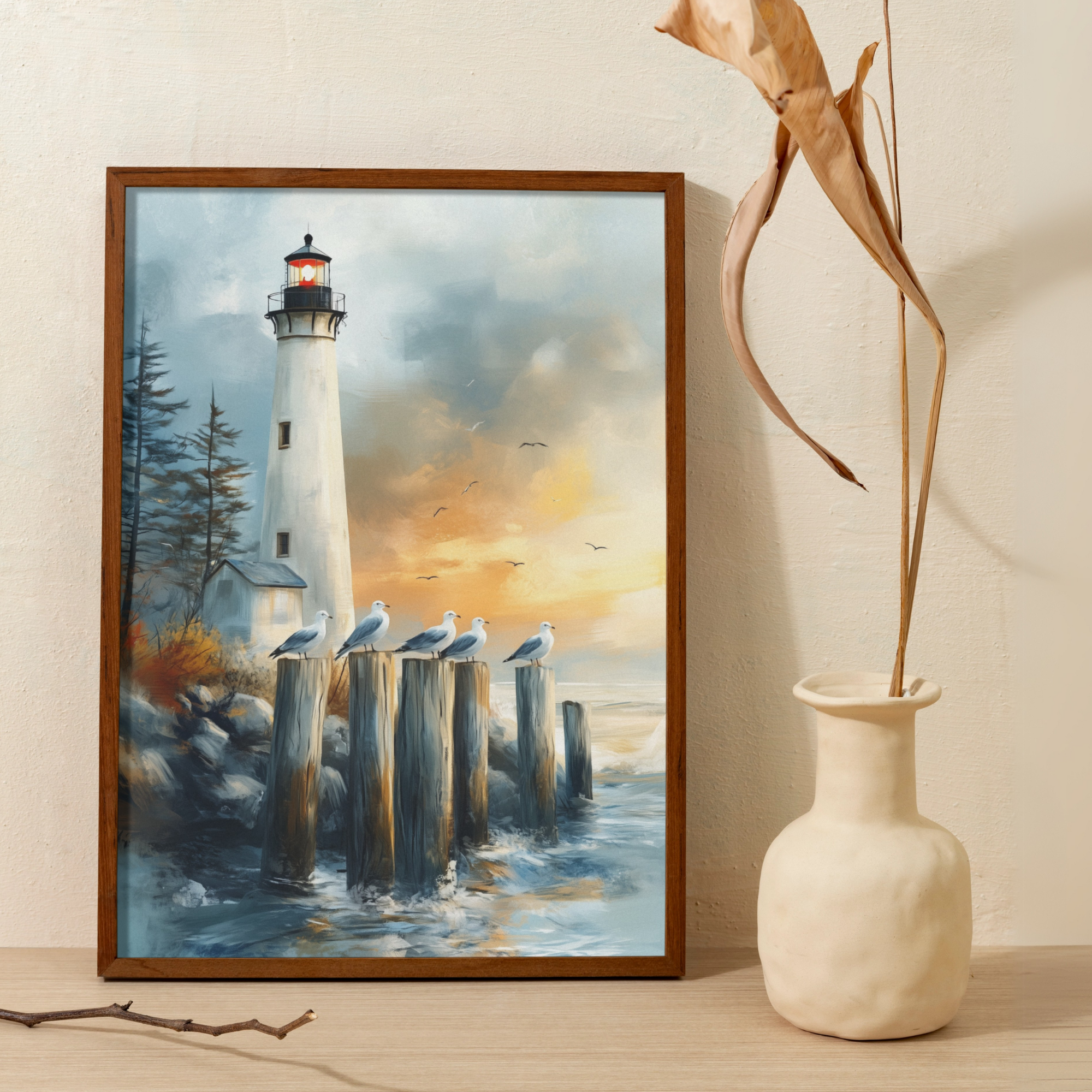 Coastal Twilight Gathering: Seagulls Lighthouse Pine Trees Seascape Wall Art. High Resolution Digital Download 300 DPI.