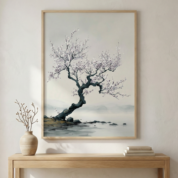 Minimalist Ink Wash Wall Art Apricot Tree Blossoms Serene River. High Resolution Digital Download 300 DPI.