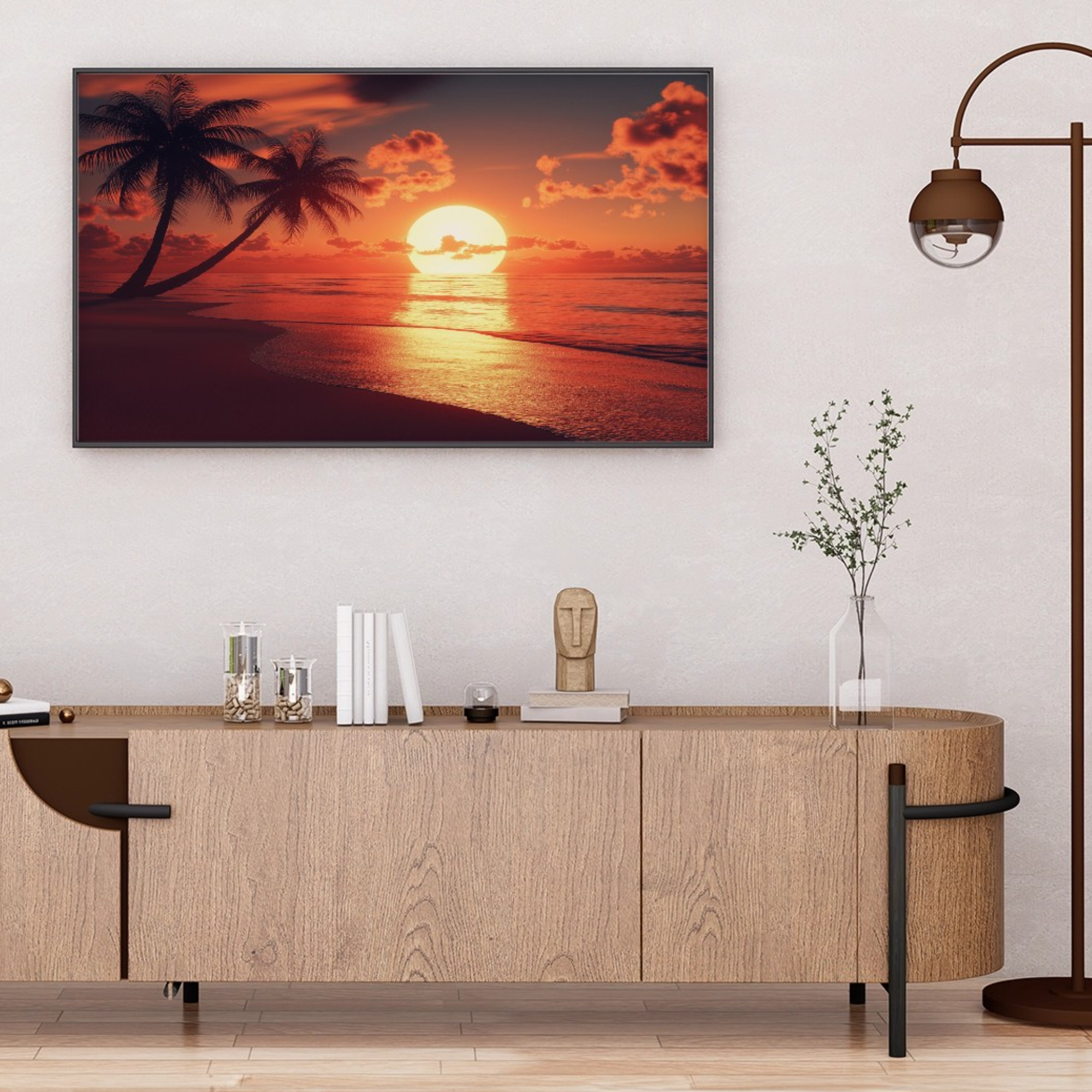 Golden Hour Paradise: Expansive Beach Sunset with Palm Silhouettes Art. High Resolution Digital Download 300 DPI.