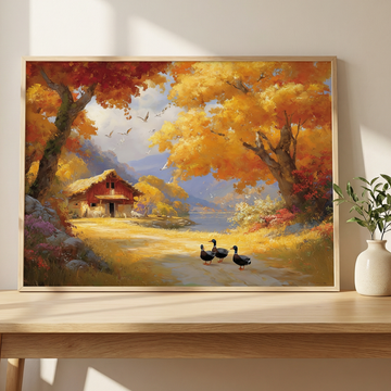 Charming Countryside Barn Scene with Ducks and Autumn Foliage Artwork. High Resolution Digital Download 300 DPI.