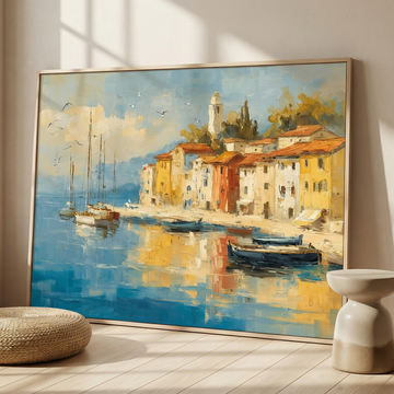 Seaside Village Wall Art Coastal Boats Scenic Tranquil Harbor Painting. High Resolution Digital Download 300 DPI.
