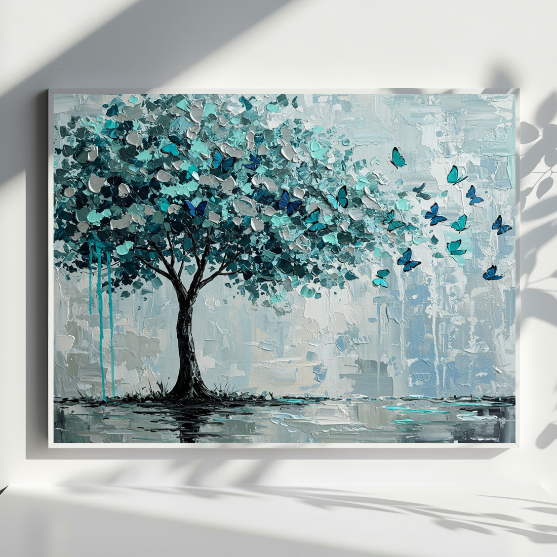 Turquoise Tree Canvas Art with Blue Butterflies Impressionist Nature Painting. High Resolution Digital Download 300 DPI.