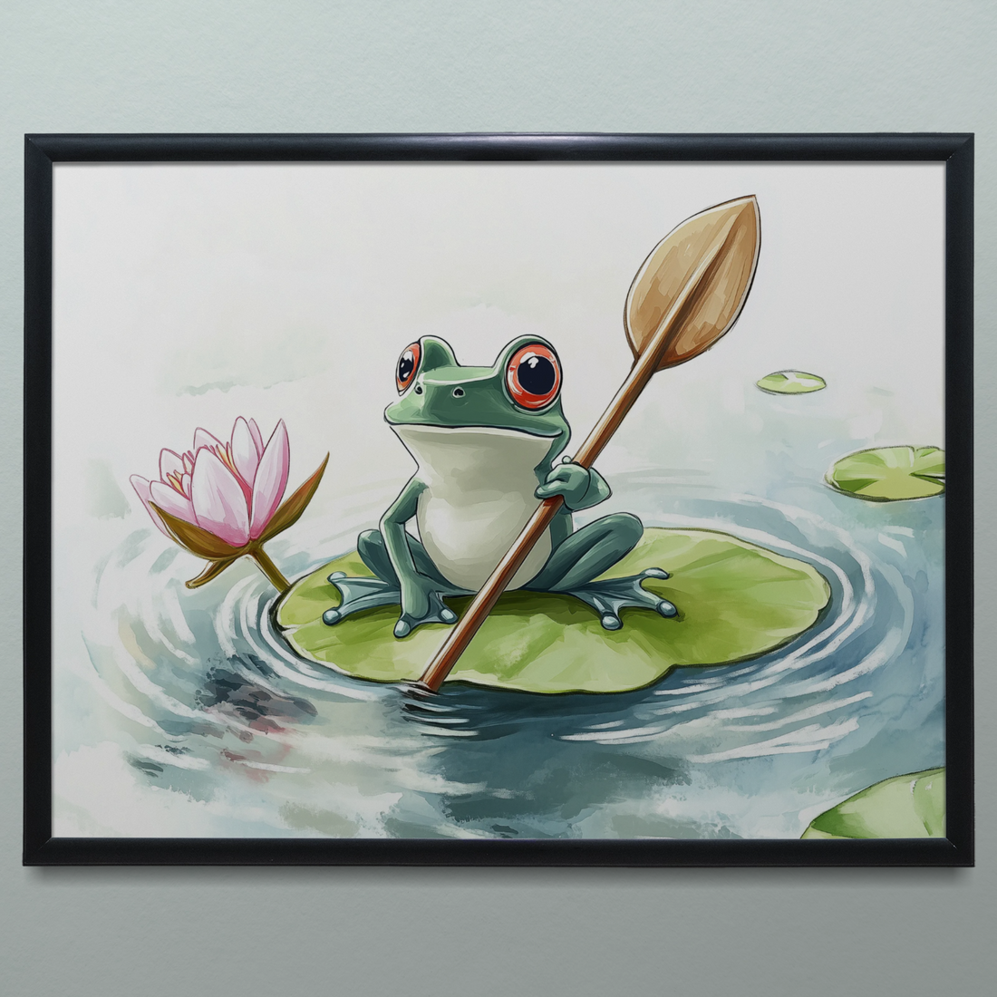 Whimsical Frog Adventure: Watercolor Lily Pad Rowing Art Print. High Resolution Digital Download 300 DPI.