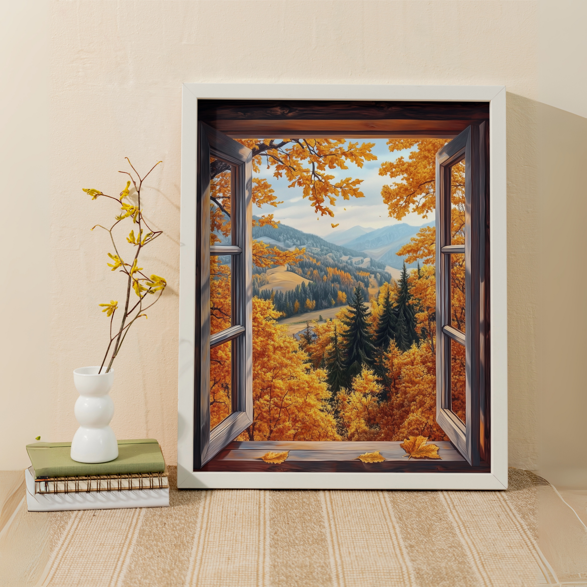 Cozy Autumn Vista: Rustic Cottage Window Fall Landscape Wall Art. High Resolution Digital Download 300 DPI.
