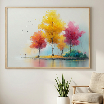 Charming Fall Landscape Minimal Watercolor Painting Seasonal Home Wall Decor. High Resolution Digital Download 300 DPI.