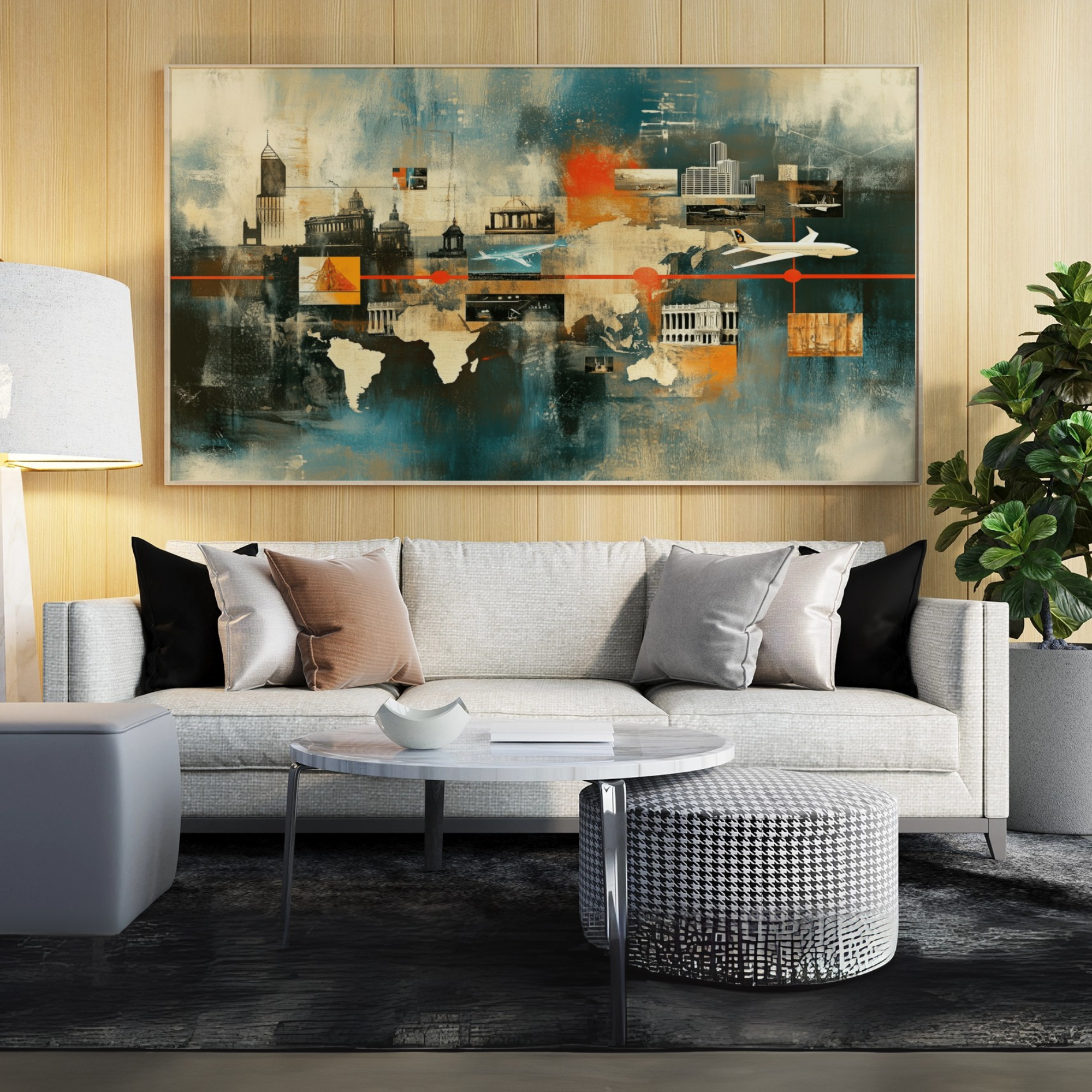 Vibrant World Monuments Map Canvas - Colorful Travel-Inspired Wall Art. High Resolution Digital Download 300 DPI.