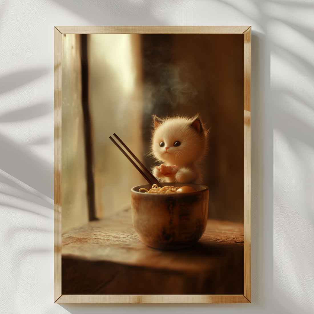 Tiny Kitten Ramen Wall Art Cute Realistic Pastel Studio Painting. High Resolution Digital Download 300 DPI.