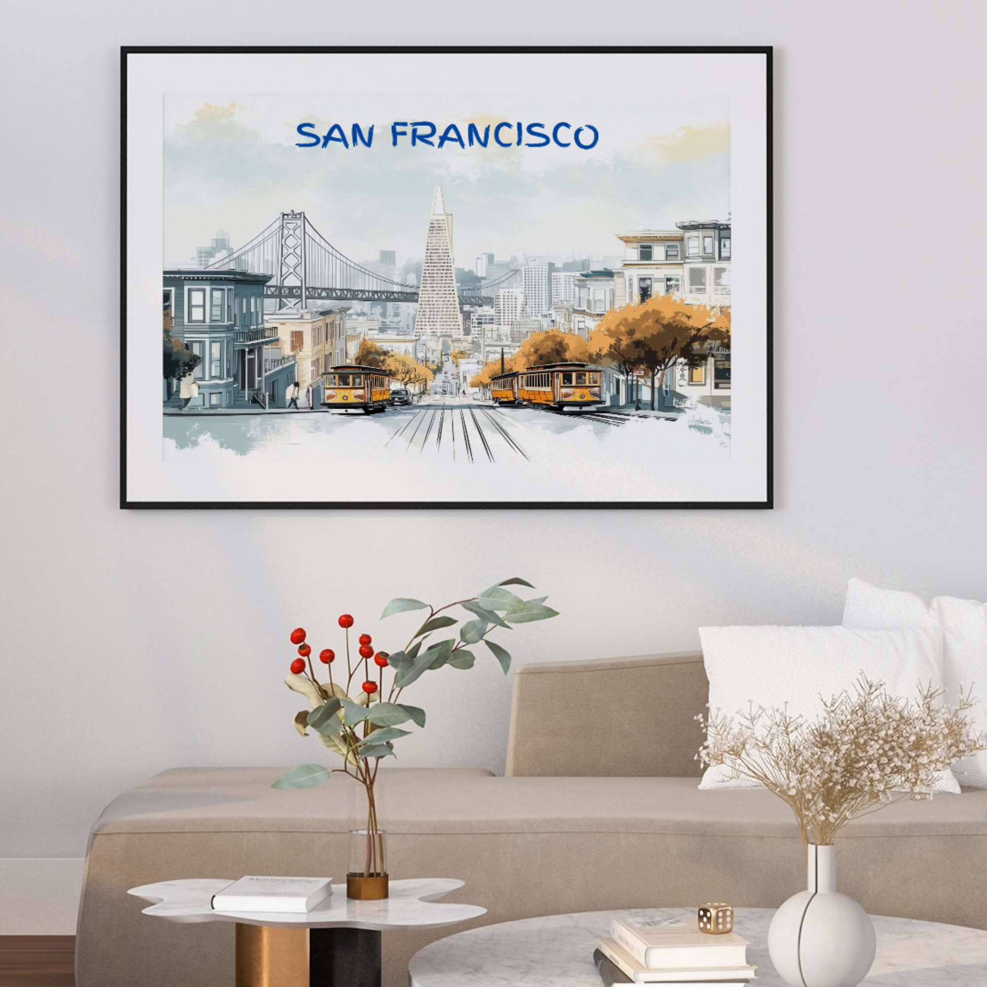 Elegant San Francisco Charm: New Yorker-Style Golden Gate Bridge Art Print. High Resolution Digital Download 300 DPI.