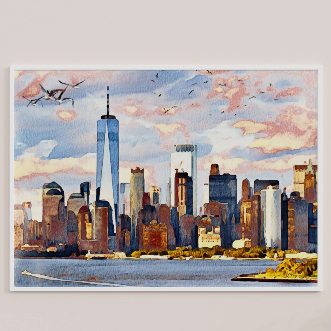 Vibrant Urban Oasis: Modern Cityscape Wall Art with Serene Ferry Scene. High Resolution Digital Download 300 DPI.
