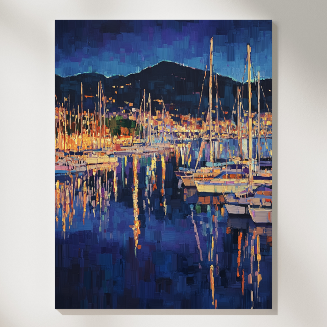 Pixelated Marina Night Oil Painting: Yacht Harbor Wall Art Decor. High Resolution Digital Download 300 DPI.