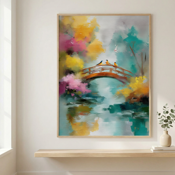 Golden Celestial Crane Wall Art Oriental Dream Bridge Decor Print. High Resolution Digital Download 300 DPI.