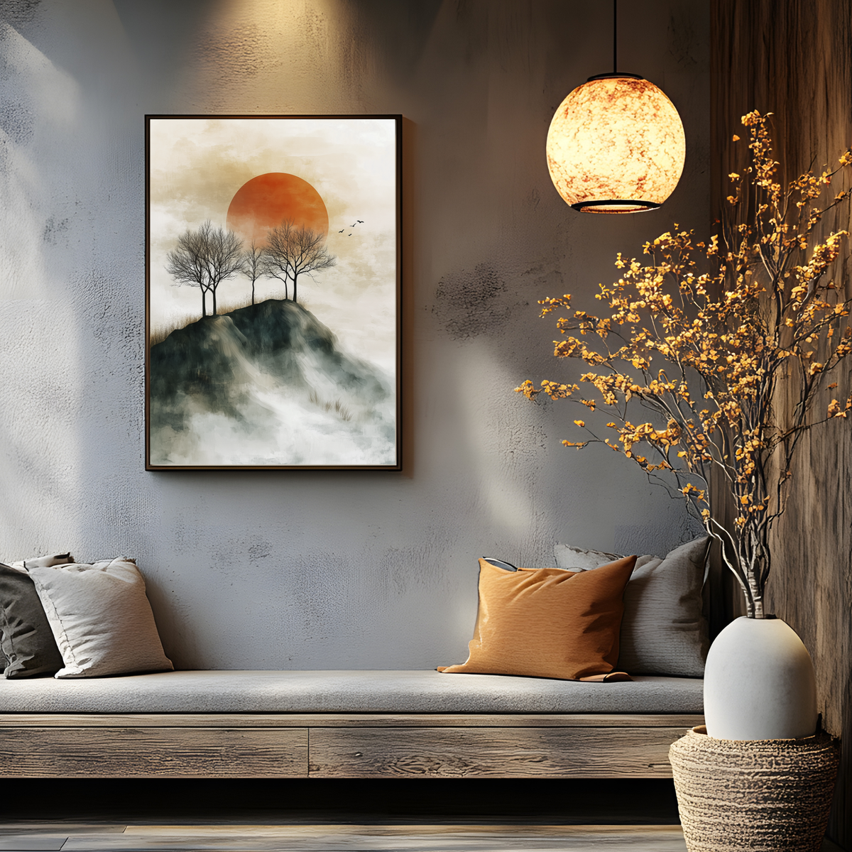 Mountain sunset print above a gray sofa