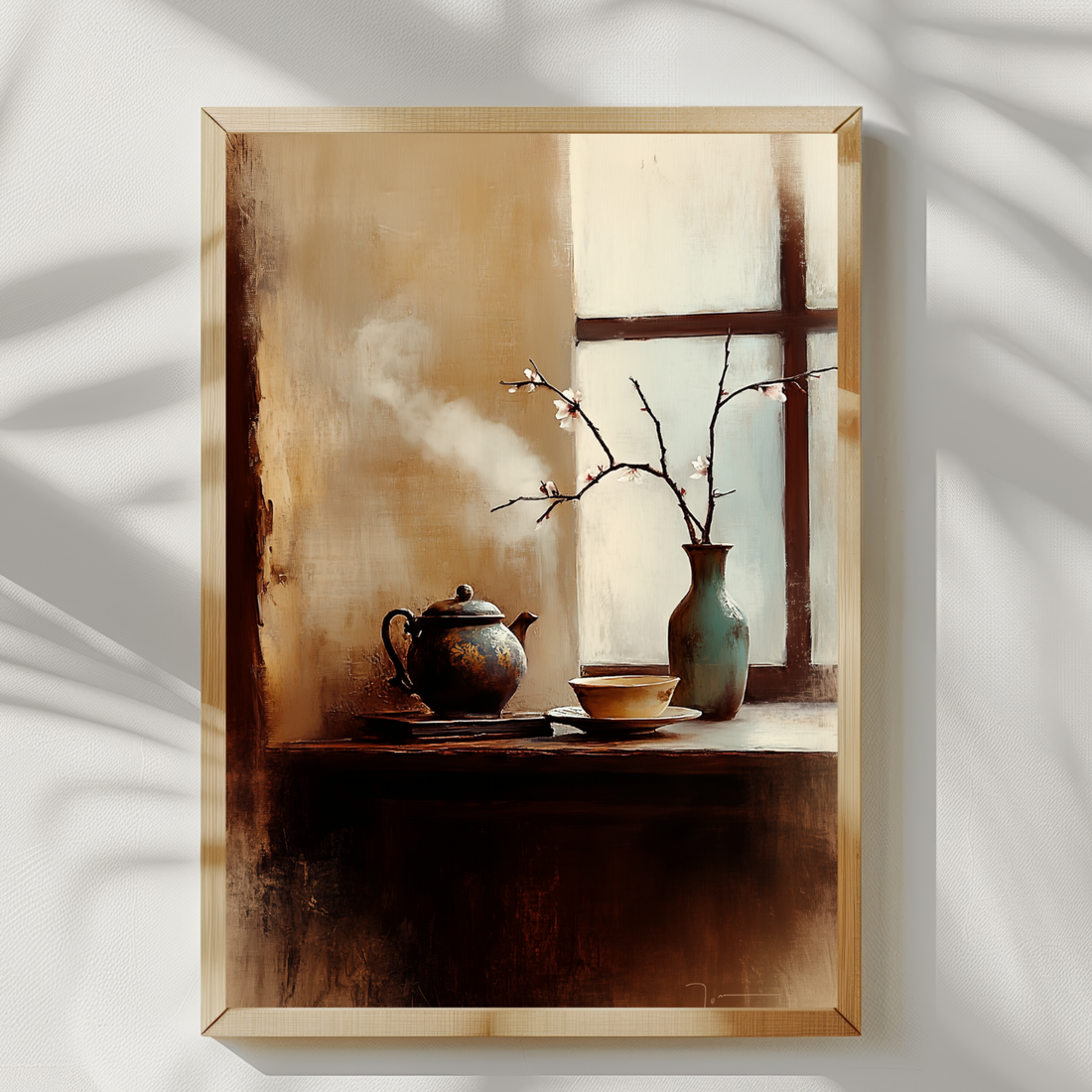 Japanese Desk Tea Set Blossom Wall Art Muted Wet-on-Wet. High Resolution Digital Download 300 DPI.