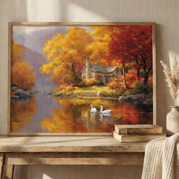 Medieval Riverside Cottage with Swans and Autumn Landscape Oil Artwork. High Resolution Digital Download 300 DPI.