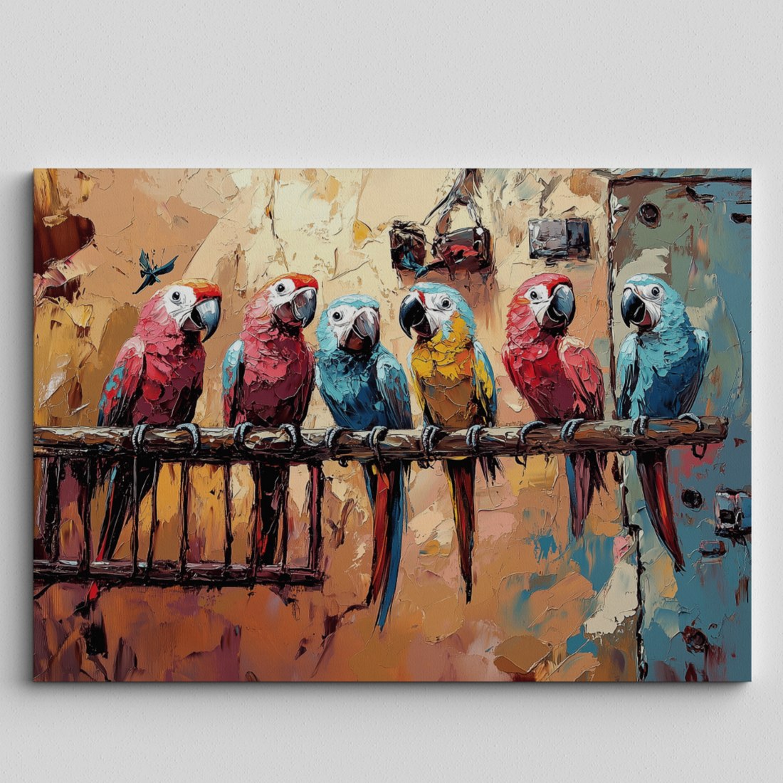 Colorful Parrots Wildlife Park Oil Painting – Vibrant Tropical Wall Art. High Resolution Digital Download 300 DPI.