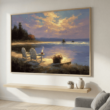 Peaceful Lakefront Canvas Art Cozy Dockside Chairs Scenic Decor. High Resolution Digital Download 300 DPI.