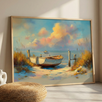 Golden Sunrise Coastal Wall Art Tranquil Boat Beach Landscape Painting. High Resolution Digital Download 300 DPI.
