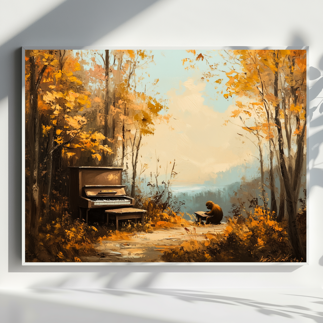 Cute Monkey Piano Wall Art Woods Oil Painting Whimsical Nature Scene. High Resolution Digital Download 300 DPI.
