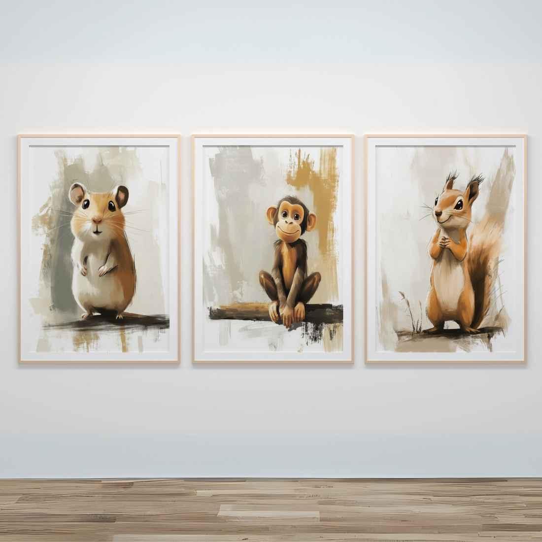 Whimsical Woodland Trio: Squirrel, Monkey, Hamster Cartoon Wall Art Print. High Resolution Digital Download 300 DPI.