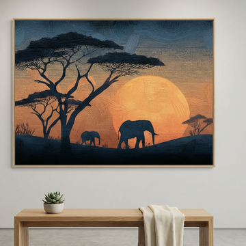 Golden Savannah Evening Wildlife Landscape with Elephants and Acacia Trees. High Resolution Digital Download 300 DPI.