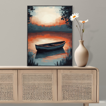 Pixelated Serenity: Retro Sunset Lake Boat Reflection Canvas Art. High Resolution Digital Download 300 DPI.