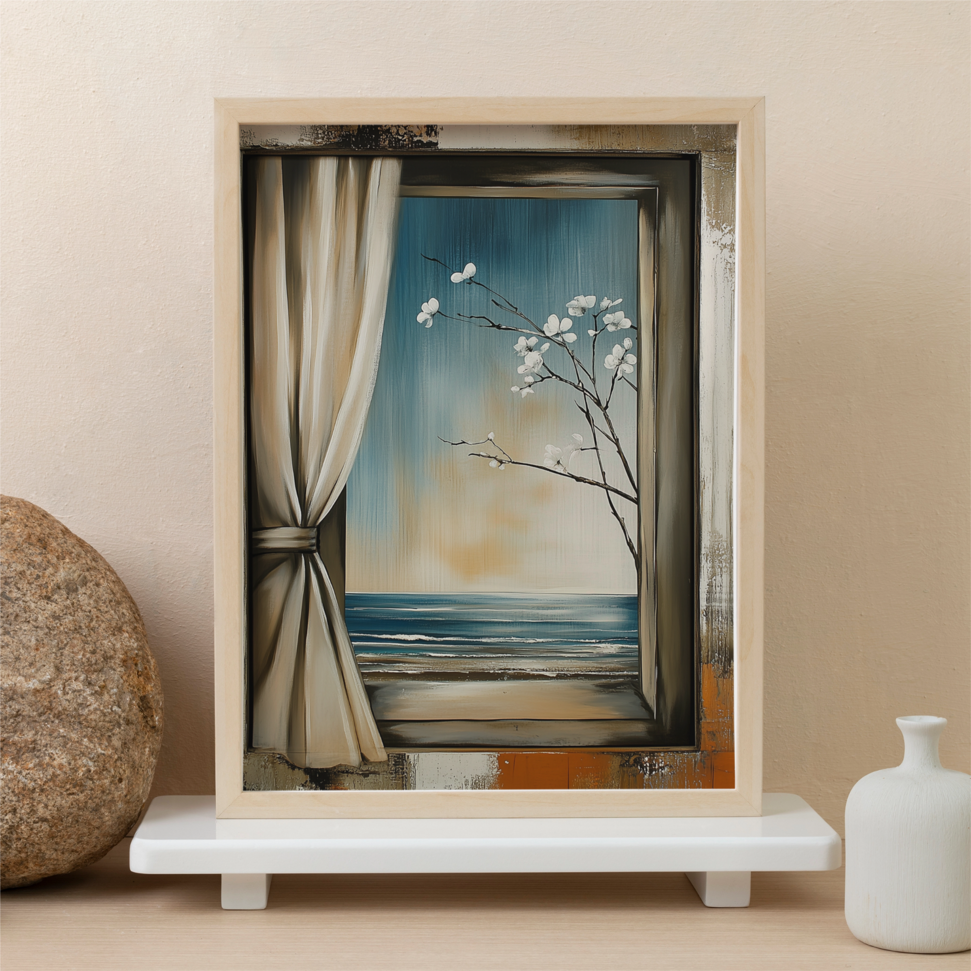 Serene Seaside Spring: Cherry Blossom Ocean View Window Wall Art. High Resolution Digital Download 300 DPI.
