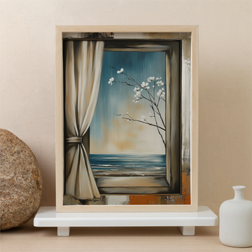 Serene Seaside Spring: Cherry Blossom Ocean View Window Wall Art. High Resolution Digital Download 300 DPI.