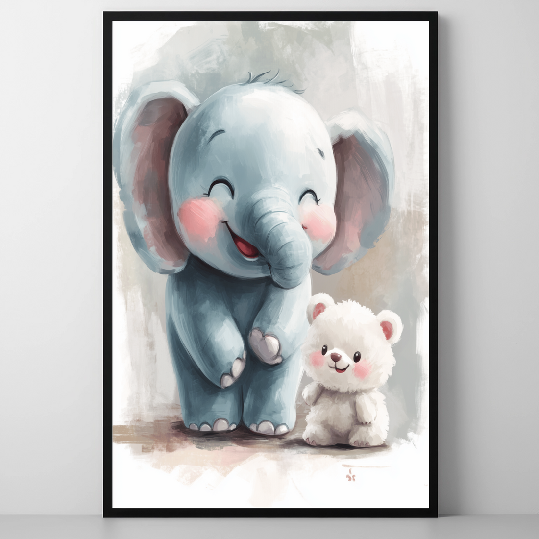 Whimsical Turquoise Elephant and Fluffy Bear Friends Wall Art. High Resolution Digital Download 300 DPI.