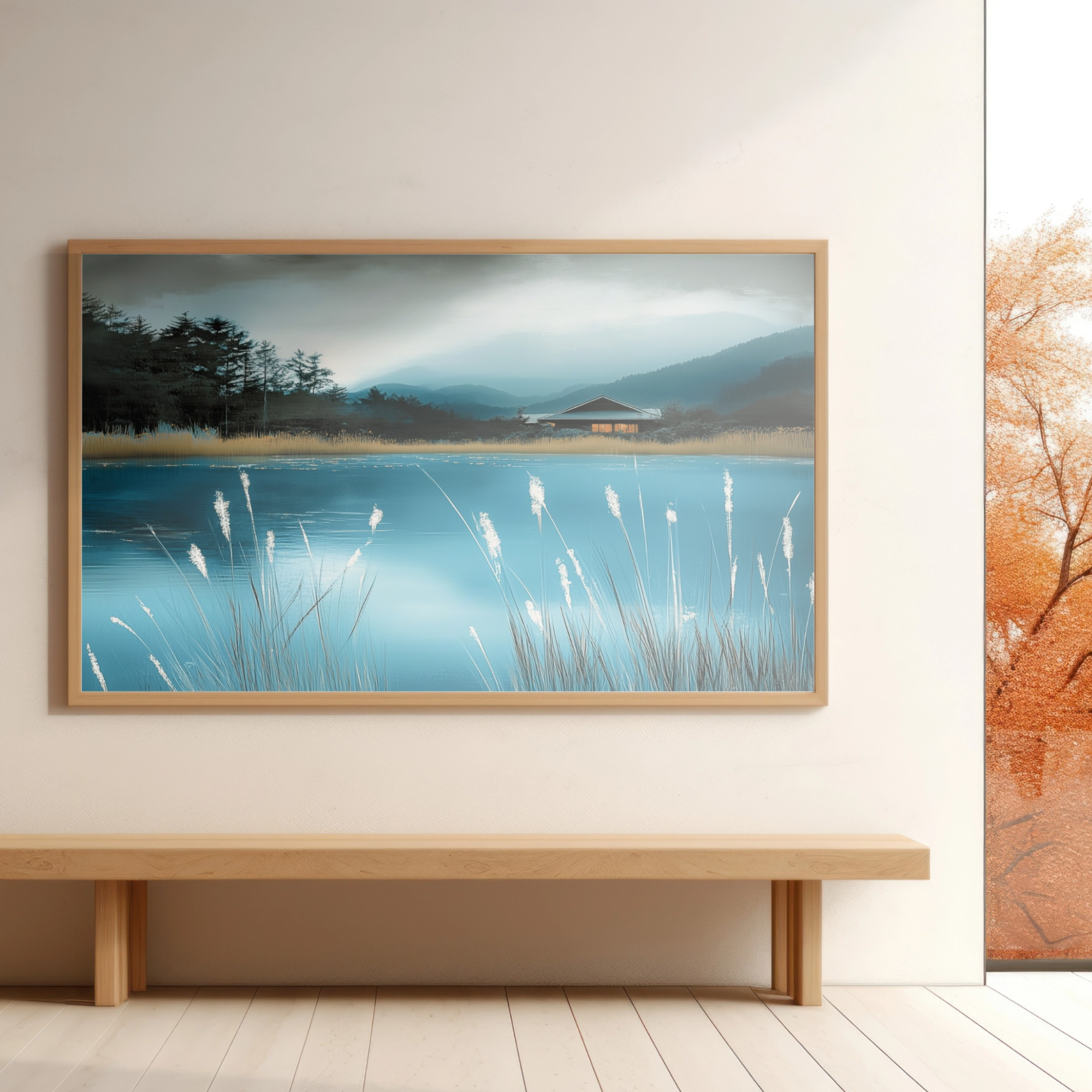 Ethereal Blue Pond: Tranquil Illuminated Landscape Wall Art Print. High Resolution Digital Download 300 DPI.
