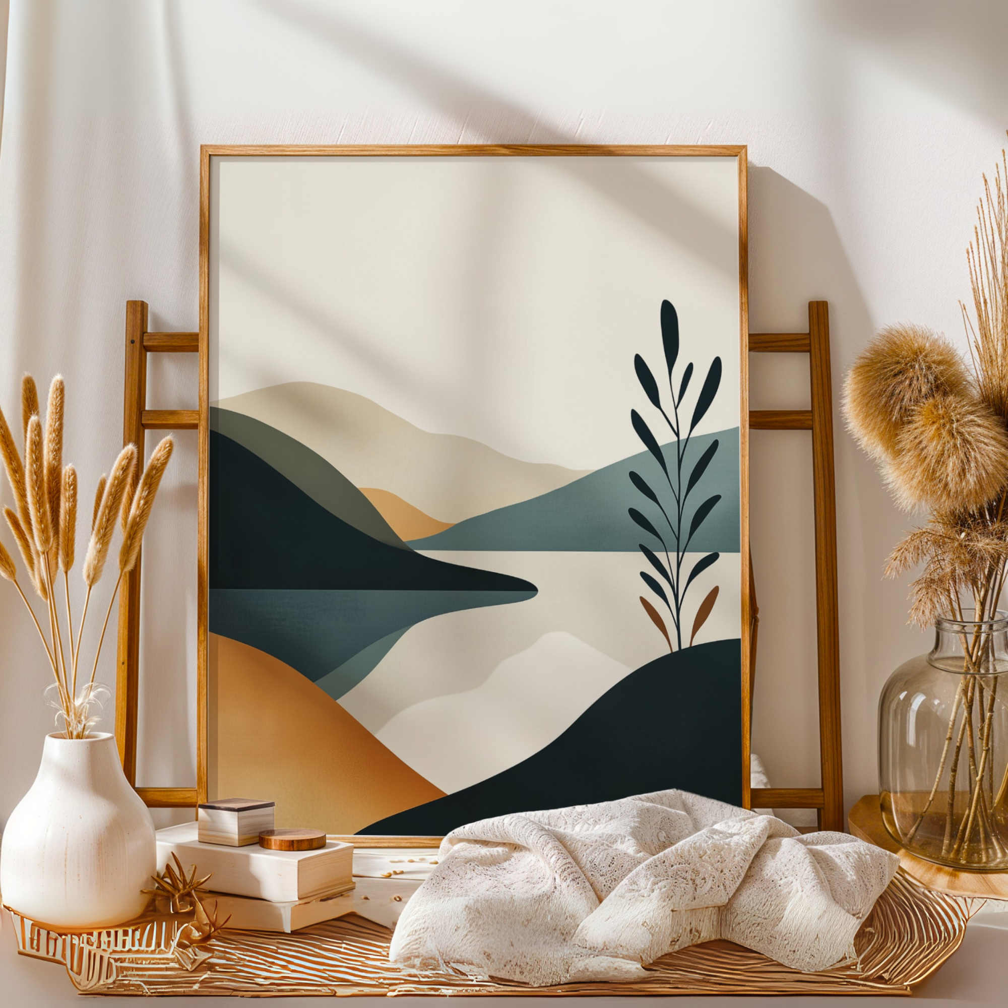 Serene Minimalist Landscape Wall Art: Pastel Hills and Calm Lake. High Resolution Digital Download 300 DPI.