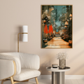 Forest path print above a white armchair and side table