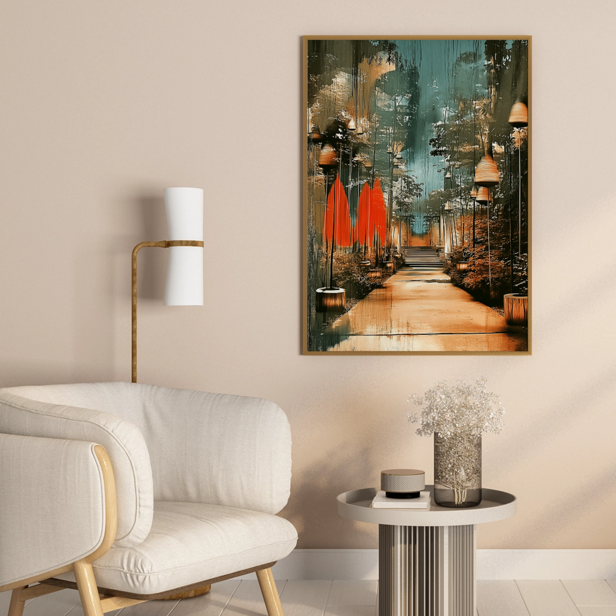 Forest path print above a white armchair and side table