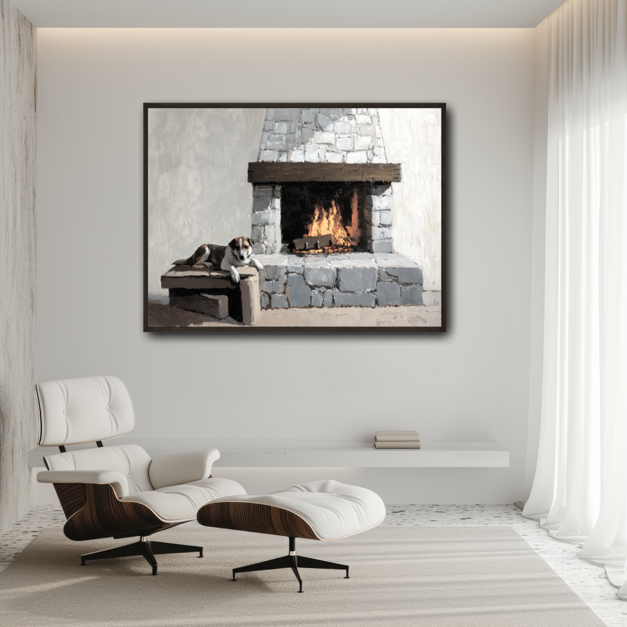 Dog by Fireplace Wall Art Ancient Home Cozy Oil Painting Scene. High Resolution Digital Download 300 DPI.