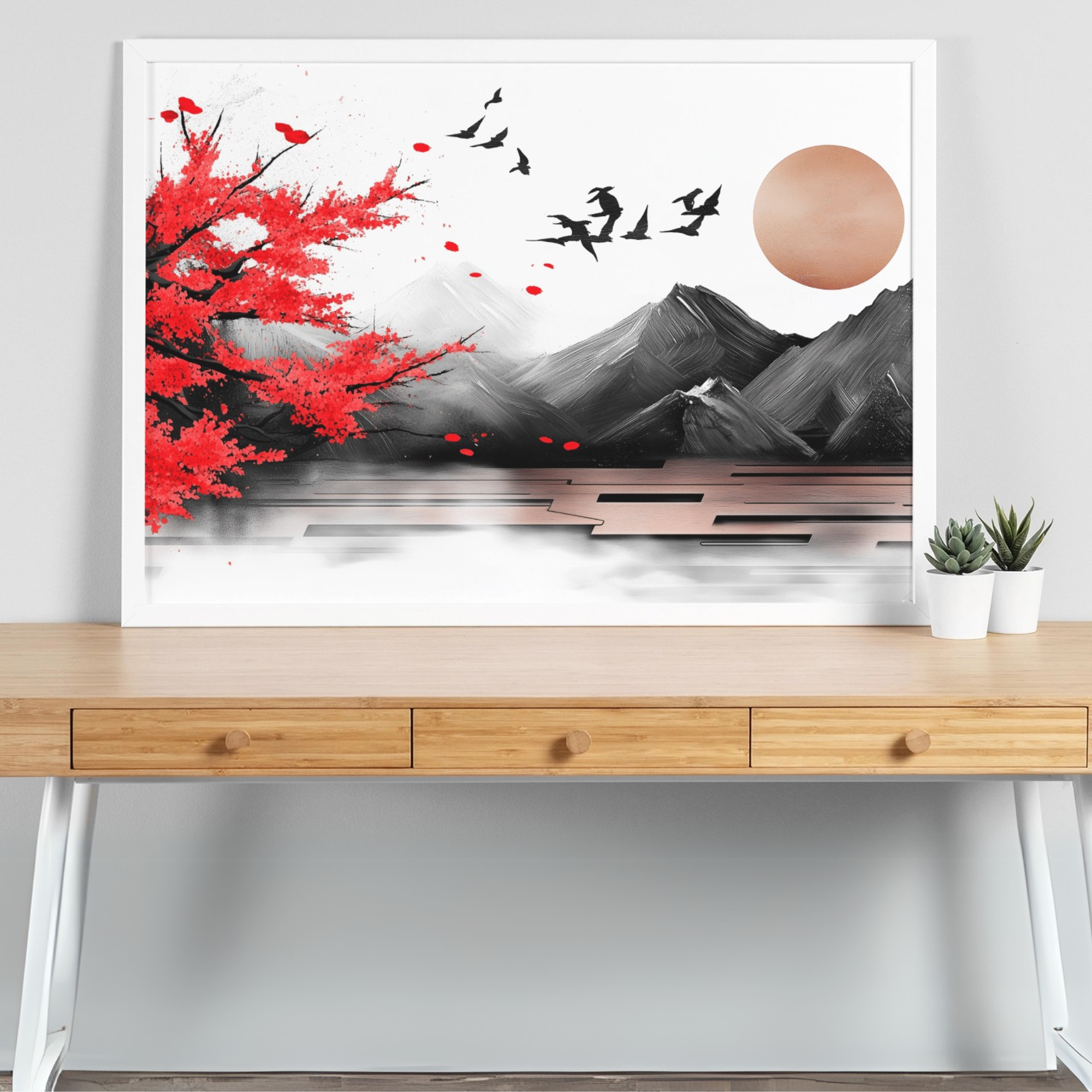 Striking Sunrise: Red Cherry Blossom and Black Birds Mountain Art. High Resolution Digital Download 300 DPI.