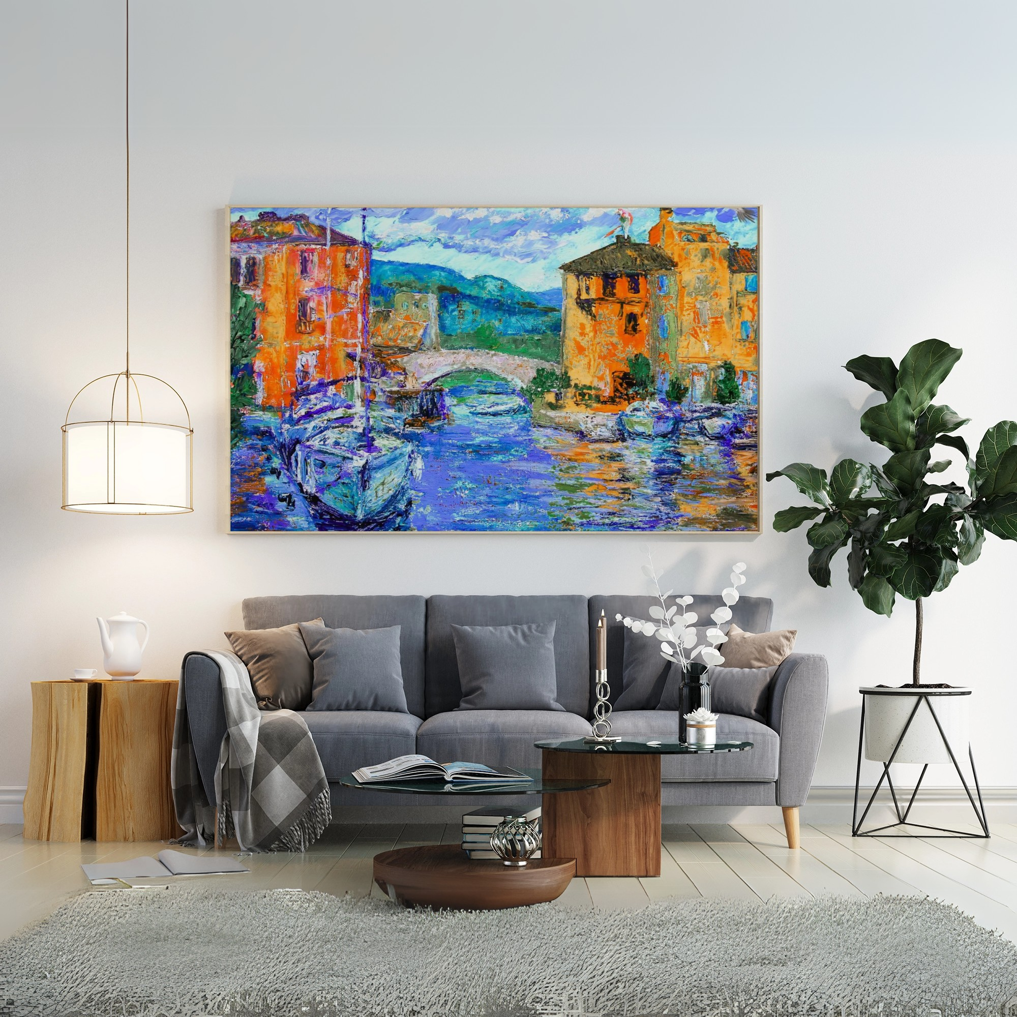 Vibrant Mediterranean Harbor: Luminous Coastal Wall Art Print. High Resolution Digital Download 300 DPI.