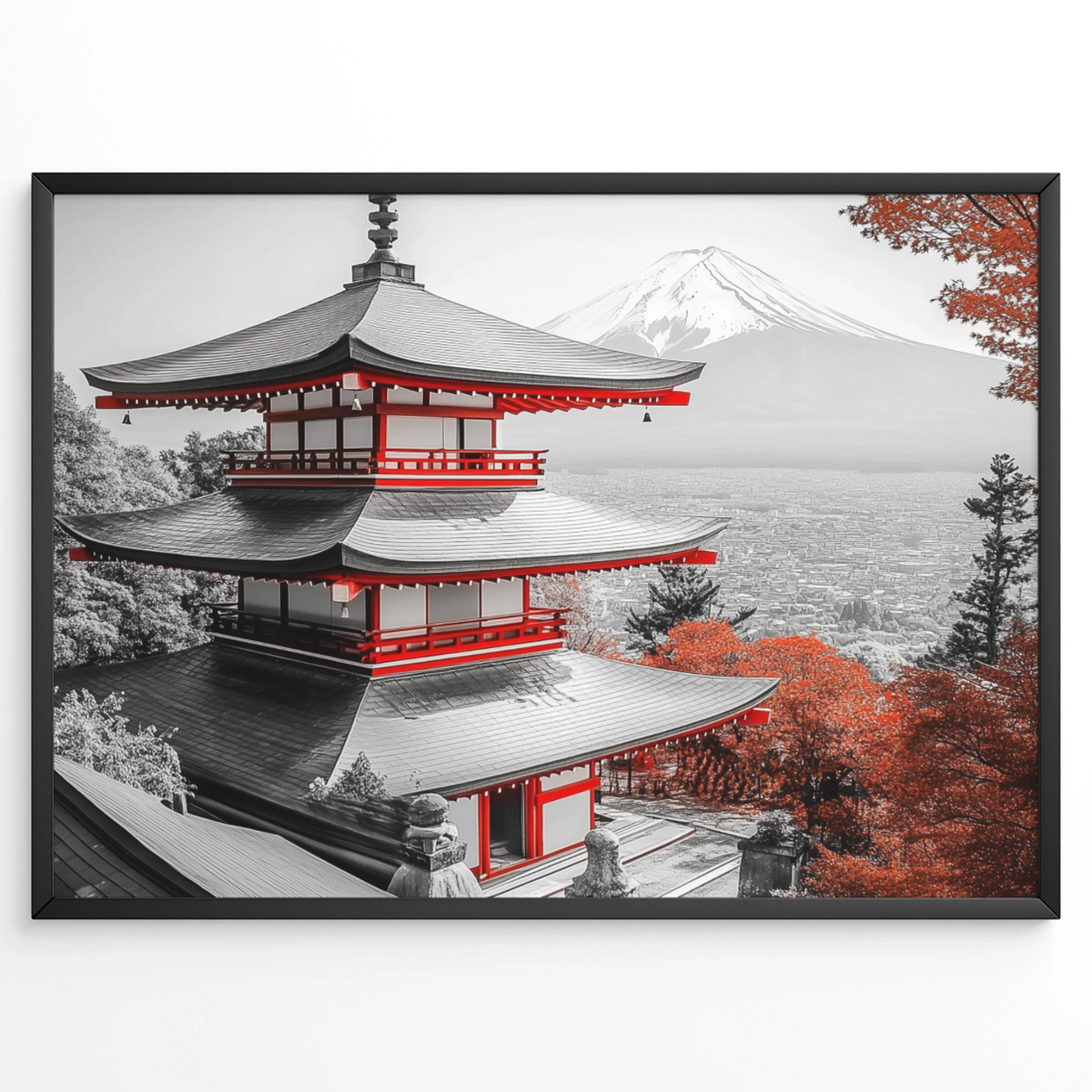 Zen Autumn Serenity: Japanese Temple in Misty Maple Forest Art Print. High Resolution Digital Download 300 DPI.