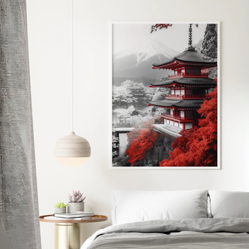 Tranquil Japanese Pagoda: Misty Mountain Landscape Art Print. High Resolution Digital Download 300 DPI.