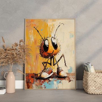 Tiny Dreamer's Big Step: Whimsical Oil Painting of Ant's Oversized Shoe Adventure. High Resolution Digital Download 300 DPI.