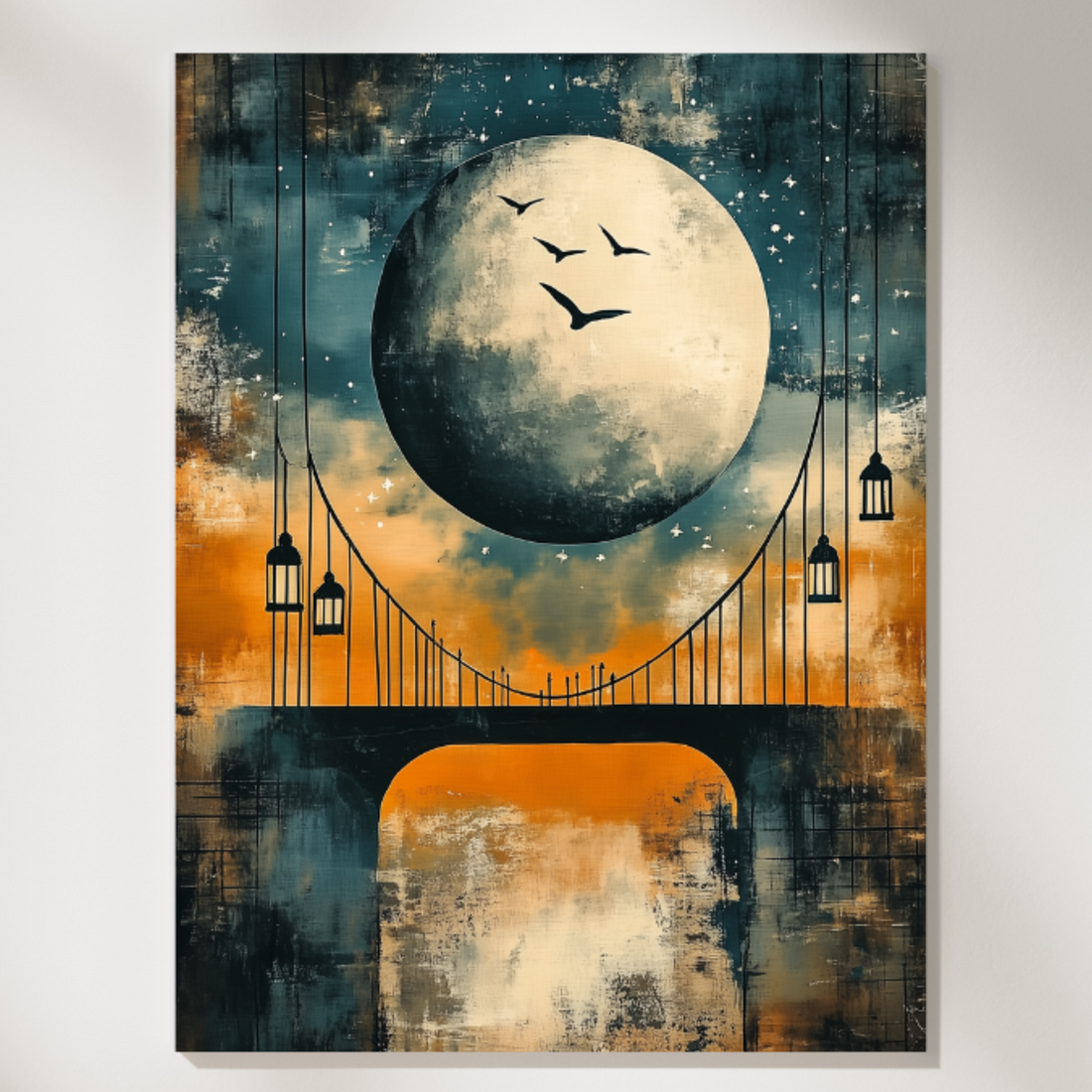 Enchanted Lunar Bridge: Anime-Inspired Starry Night Sky Wall Art. High Resolution Digital Download 300 DPI.