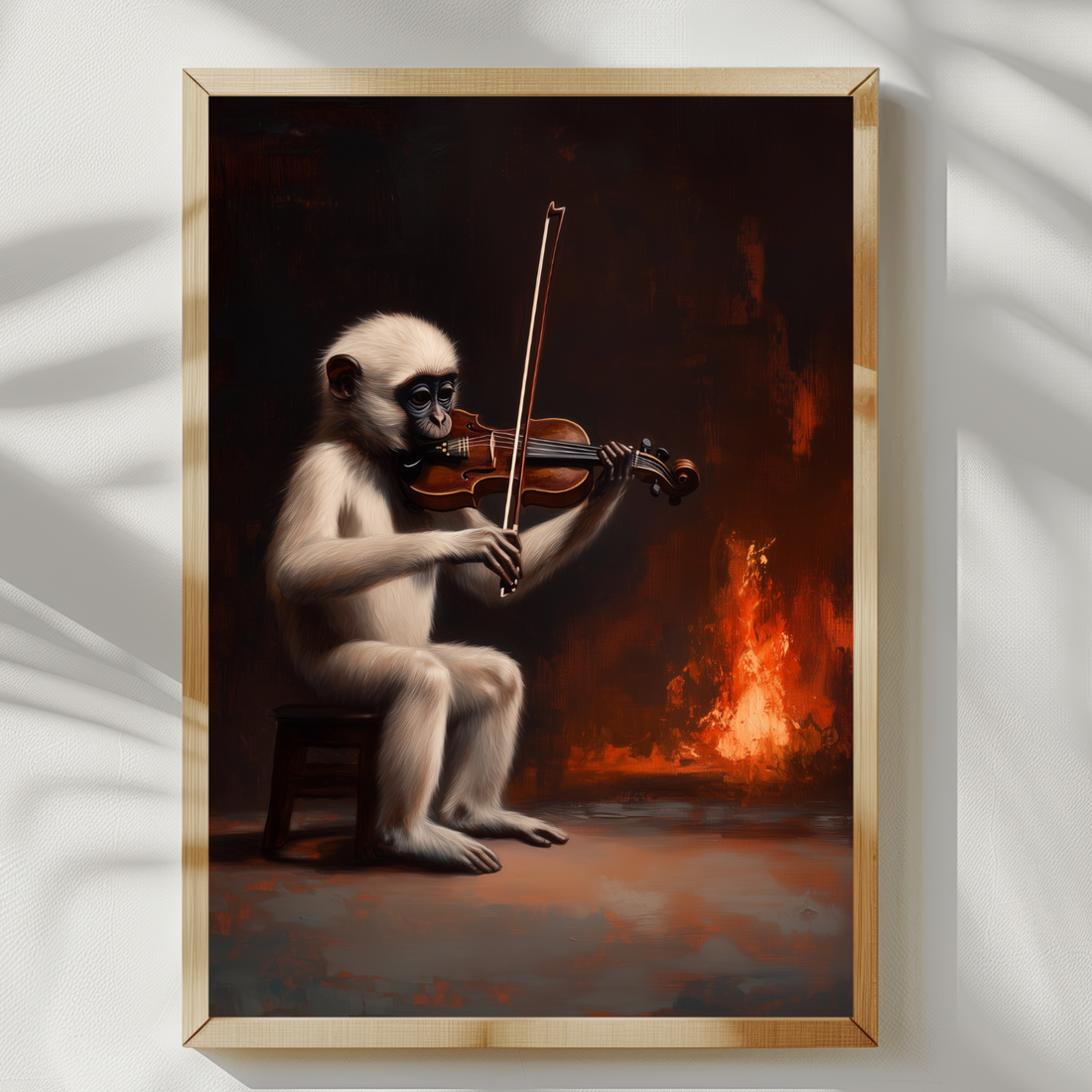 Dramatic Monkey Violin Wall Art Moria Flames Cinematic Oil Painting. High Resolution Digital Download 300 DPI.